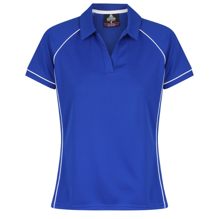 Royal blue with white piping, flattering fit, Aussie Pacific N2310 Endeavour Ladies Polo front view