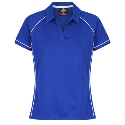 Royal blue with white piping, flattering fit, Aussie Pacific N2310 Endeavour Ladies Polo front view