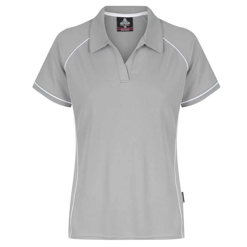 Aussie Pacific N2310 Endeavour Ladies Polo, silver, light grey, front view, v neck with collar