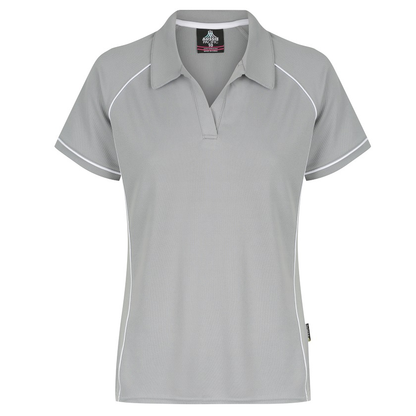 Aussie Pacific N2310 Endeavour Ladies Polo, silver, light grey, front view, v neck with collar
