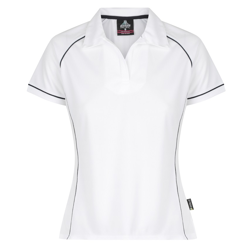 White short-sleeve polo shirt with thin black piping accents along the collar, shoulders, and sides, Aussie Pacific N2310 Endeavour Ladies Polo, front view