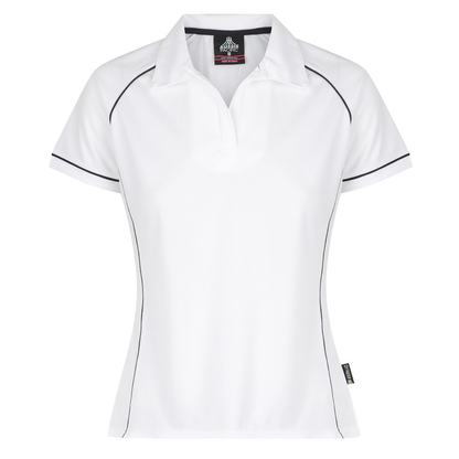 White short-sleeve polo shirt with thin black piping accents along the collar, shoulders, and sides, Aussie Pacific N2310 Endeavour Ladies Polo, front view