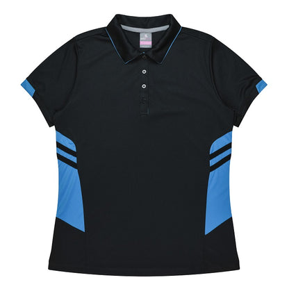 Aussie Pacific N2311 Tasman Ladies Polo - Black/Cyan - Front View