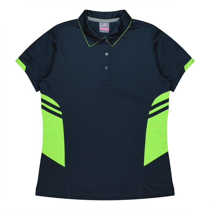 Aussie Pacific N2311 Tasman Ladies Polo - Navy/Neon/Green - Front View