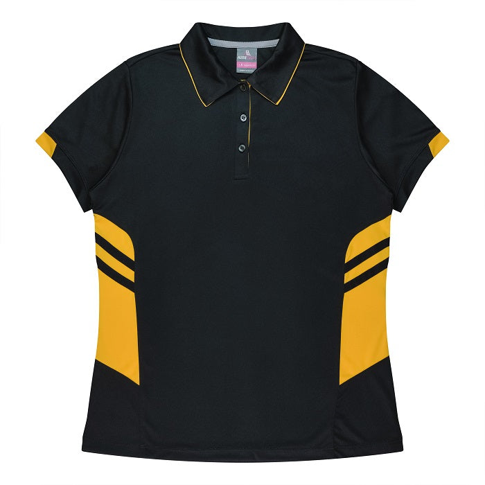 Aussie Pacific N2311 Tasman Ladies Polo - Black/Gold - Front View