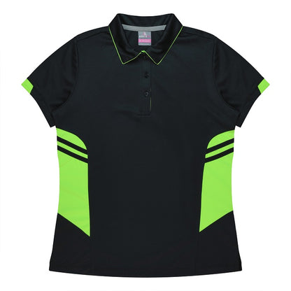 Aussie Pacific N2311 Tasman Ladies Polo - Black/Neon/Green - Front View