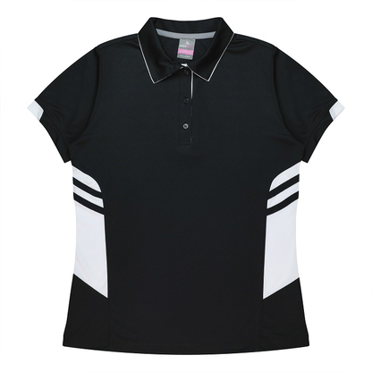 Classic Black with white Aussie Pacific N2311 Tasman Ladies Polo, front view, professional easy care