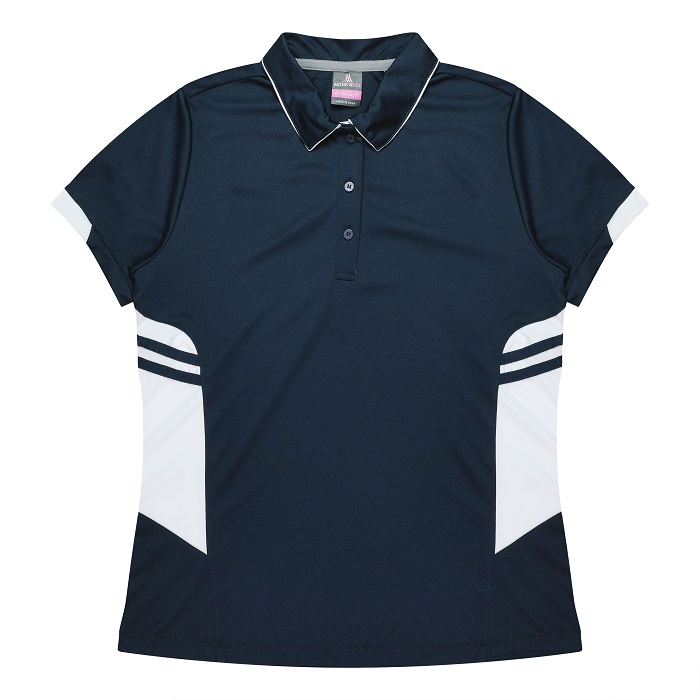 Flattering, relaxed fit, Aussie Pacific N2311 Tasman Ladies Polo, navy with white, front view