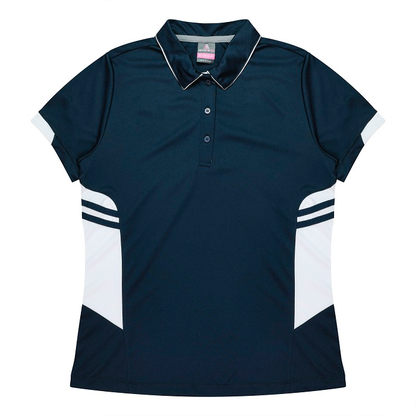Flattering, relaxed fit, Aussie Pacific N2311 Tasman Ladies Polo, navy with white, front view