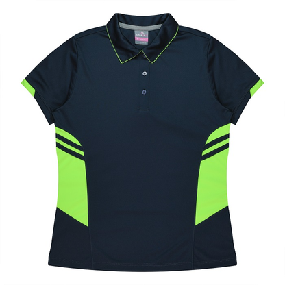 Aussie Pacific N2311 Tasman Ladies Polo, womens short sleeve easy care, front view, navy with neon green