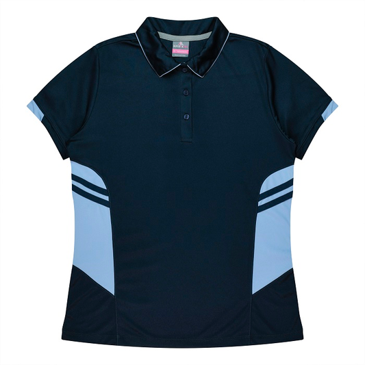 Navy with sky blue side panels, professional collar, Aussie Pacific N2311 Tasman Ladies Polo