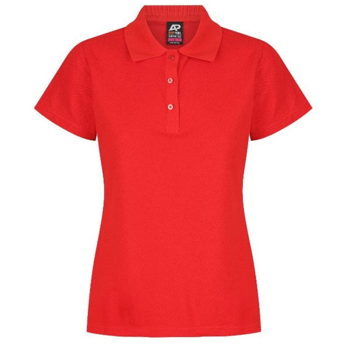 Women's short-sleeve polo shirt in bright red, featuring a three-button placket and a classic collar, Aussie Pacific N2312 Hunter Ladies Polo front view