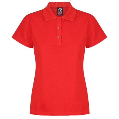 Women's short-sleeve polo shirt in bright red, featuring a three-button placket and a classic collar, Aussie Pacific N2312 Hunter Ladies Polo front view
