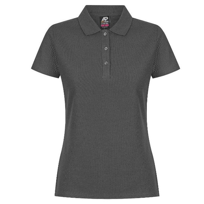 Dark slate grey Aussie Pacific N2312 Hunter Ladies Polo, comfortable with side splits, front view