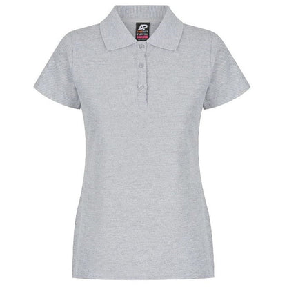 Aussie Pacific N2312 Hunter Ladies Polo, light grey marle, front view, long wearing with side splits for comfort