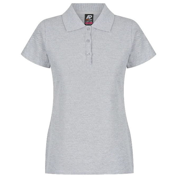 Light grey short-sleeve polo shirt with a three-button placket, Aussie Pacific N2312 Hunter Ladies Polo, front view