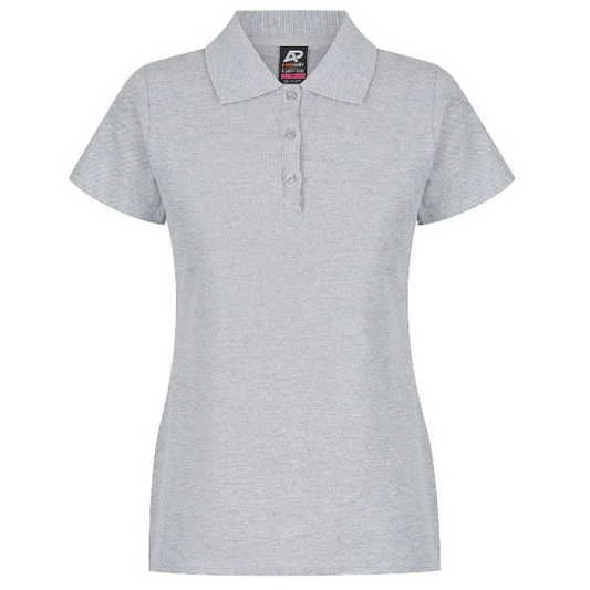 Light grey short-sleeve polo shirt with a three-button placket, Aussie Pacific N2312 Hunter Ladies Polo, front view