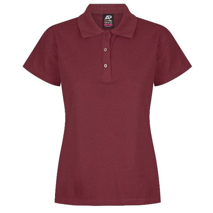 Aussie Pacific N2312 Hunter Ladies Polo, maroon, breathable, knit collar, front view