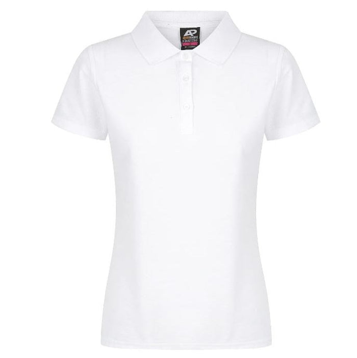 White short-sleeve button down Aussie Pacific N2312 Hunter Ladies Polo, front view