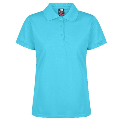Womens anti snag fabric, cyan blue, front view, Aussie Pacific N2314 Lachlan Ladies Polo