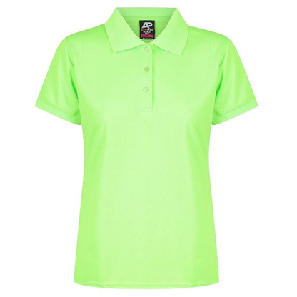 Bright neon green, front view, Aussie Pacific N2314 Lachlan Ladies Polo, self fabric collar