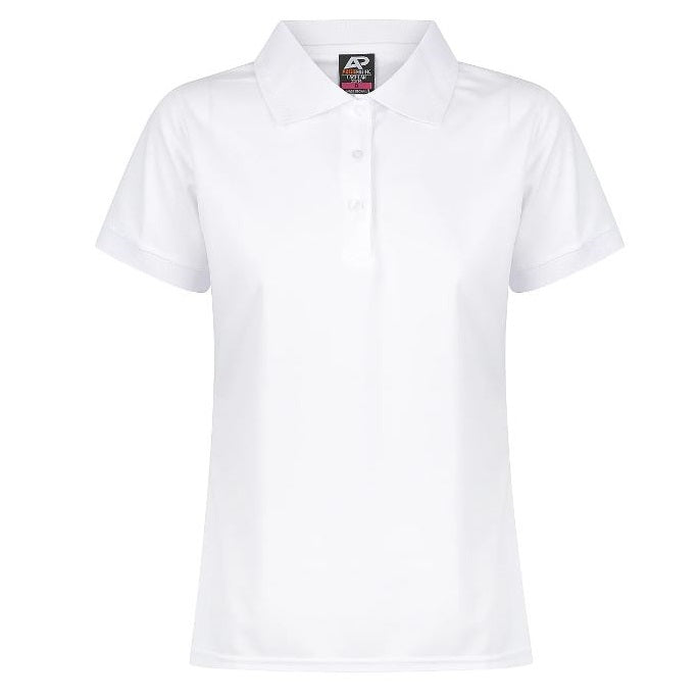 White short-sleeve polo shirt with a classic collar and a three-button placket, Aussie Pacific N2314 Lachlan Ladies Polo, front view