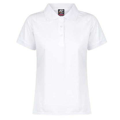 White short-sleeve polo shirt with a classic collar and a three-button placket, Aussie Pacific N2314 Lachlan Ladies Polo, front view