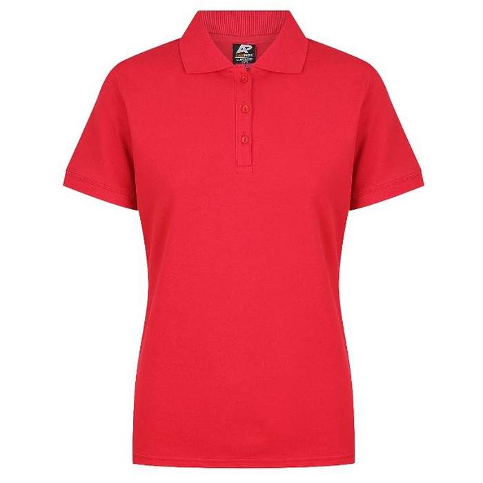Womens, bright red short-sleeve polo shirt with a three-button placket, Aussie Pacific N2315 Claremont Ladies Polo, front view