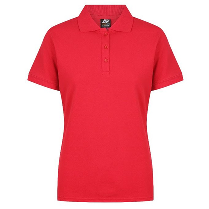 Womens, bright red short-sleeve polo shirt with a three-button placket, Aussie Pacific N2315 Claremont Ladies Polo, front view