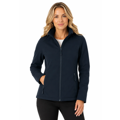 Dark navy blue full-zip jacket with zippered hand pockets, Aussie Pacific N2512 Selwyn Ladies Jacket, model front view