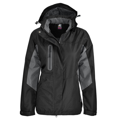Corporate branding, womens black with slate grey, Aussie Pacific N2516 Sheffield Ladies Jacket with detachable hood, front view