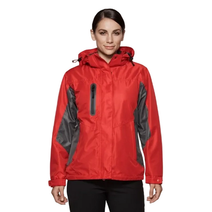 Aussie Pacific N2516 Sheffield Ladies Jacket, red with grey, front view, front zipper, hooded all weather jacket