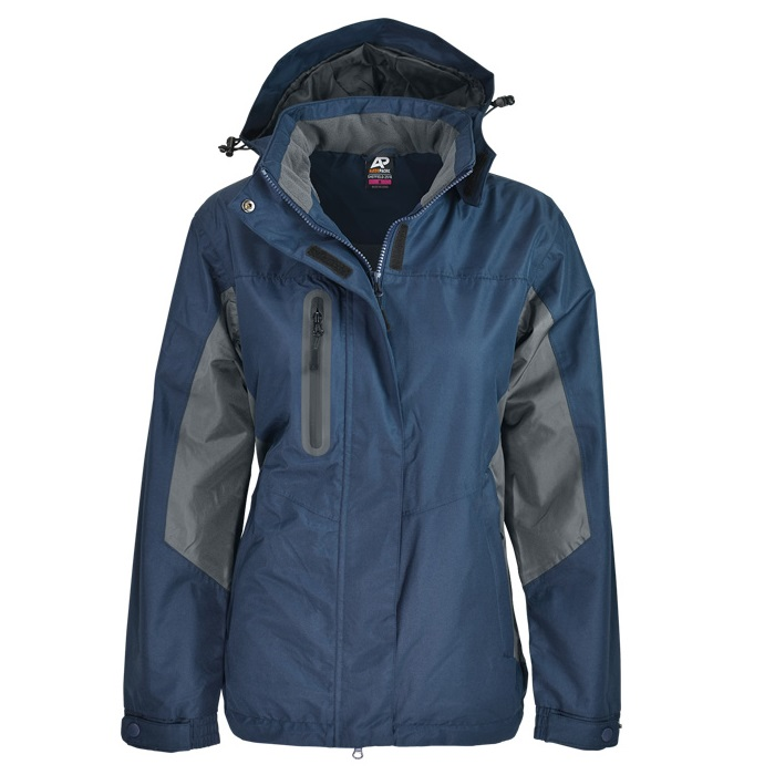 Women's technical outdoor jacket in navy blue with gray panels , vertical zip chest pocket, and an adjustable hood, Aussie Pacific N2516 Sheffield Ladies Jacket front view