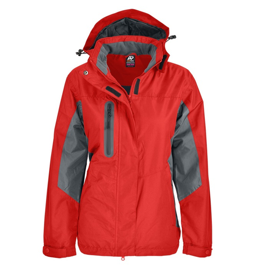 Red hooded outdoor jacket with grey color panels on the sides and sleeves, Aussie Pacific N2516 Sheffield Ladies Jacket front view