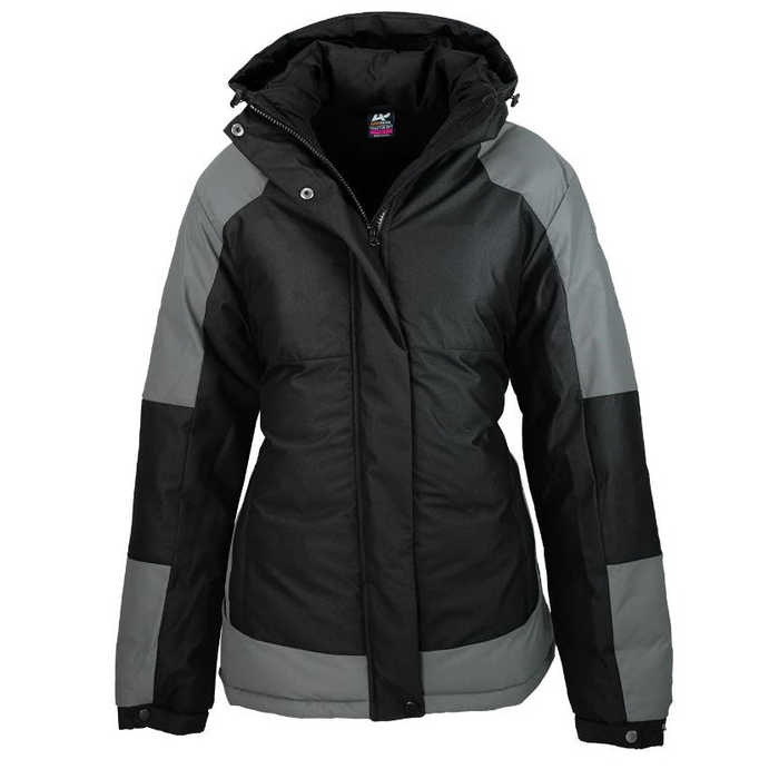 Women's insulated hooded jacket in black and gray color blocking, featuring a full front zipper, Aussie Pacific N2517 Kingston Ladies Jacket front view