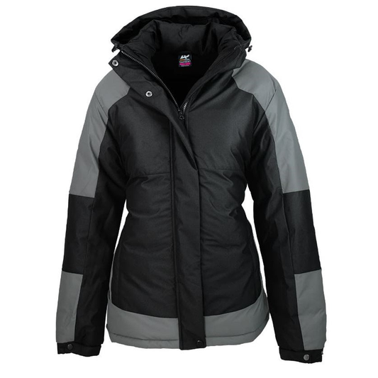 Women's insulated hooded jacket in black and gray color blocking, featuring a full front zipper, Aussie Pacific N2517 Kingston Ladies Jacket front view