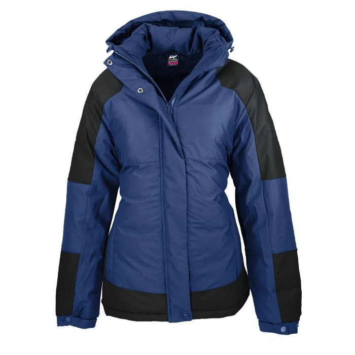 Women's hooded puffer jacket in royal blue with black color-blocked panels Aussie Pacific N2517 Kingston Ladies Jacket, front view