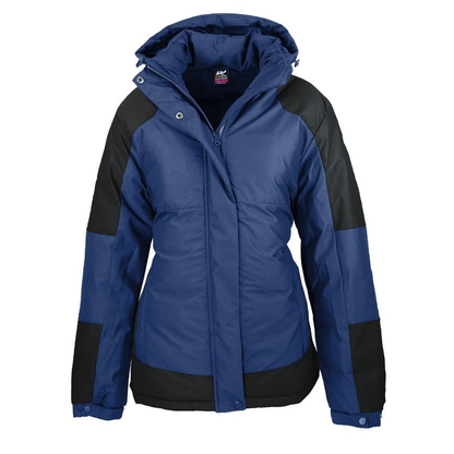 Women's hooded puffer jacket in royal blue with black color-blocked panels Aussie Pacific N2517 Kingston Ladies Jacket, front view