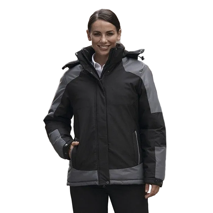 Aussie Pacific N2517 Kingston Ladies Jacket, black with grey, front view, warm puffer jacket