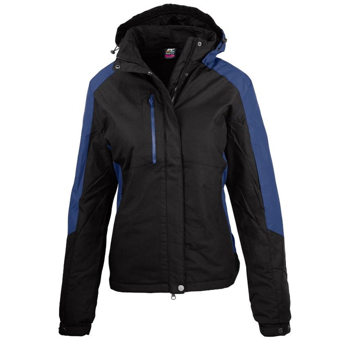 Black with blue, roomy fit, zip up, Aussie Pacific N2518 Napier Ladies Jacket, front view