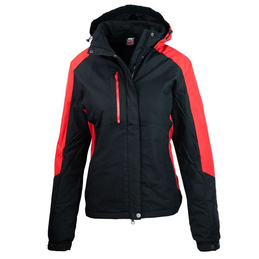 Women's hooded jacket in black with bright red panels on the shoulders, sides, and sleeves, Aussie Pacific N2518 Napier Ladies Jacket, front view