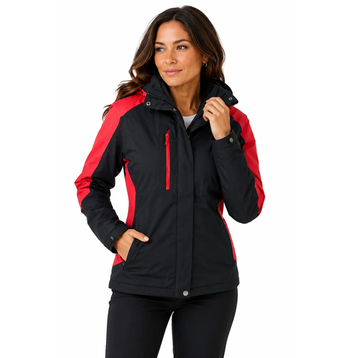 Aussie Pacific N2518 Napier Ladies Jacket, model front view, black with red contrasts, internal zip, modern relaxed fit