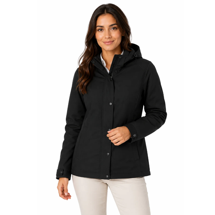 Model view, black, front zip with buttons, warm , insulated, detachable hood, Aussie Pacific N2519 Parklands Lady Jacket