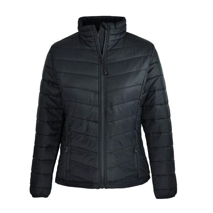 Womens, black puffer jacket, lightweight, Aussie Pacific N2522 Buller Ladies Jacket, front view