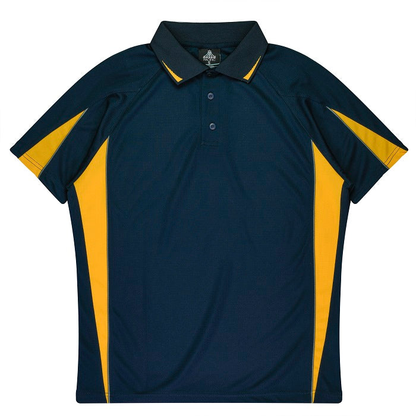 Navy with gold, sports teams branding, Aussie Pacific N3304 Kids Eureka Polo, front view