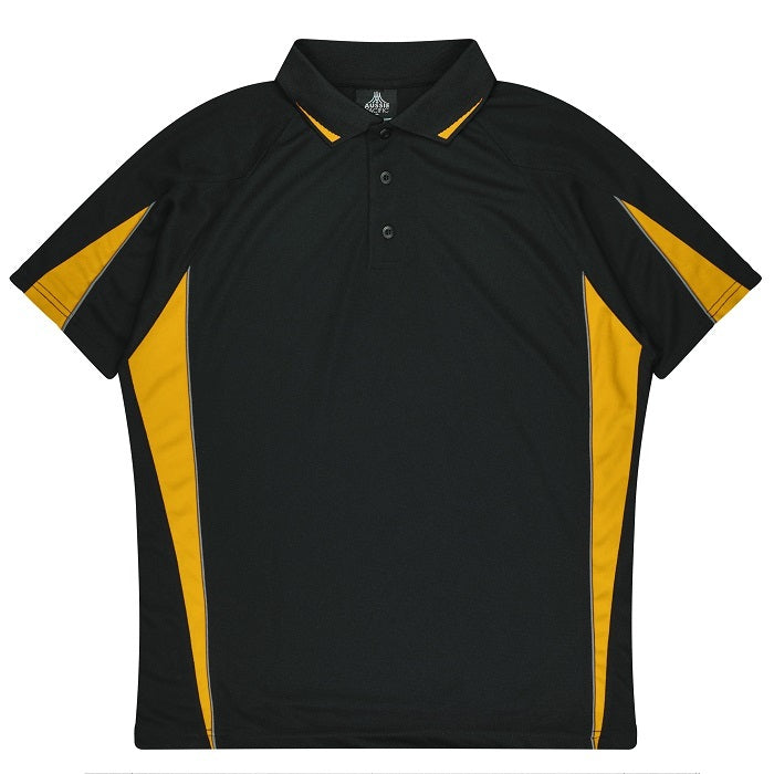 Black with gold, childrens all ages, modern fit, Aussie Pacific N3304 Kids Eureka Polo, front view