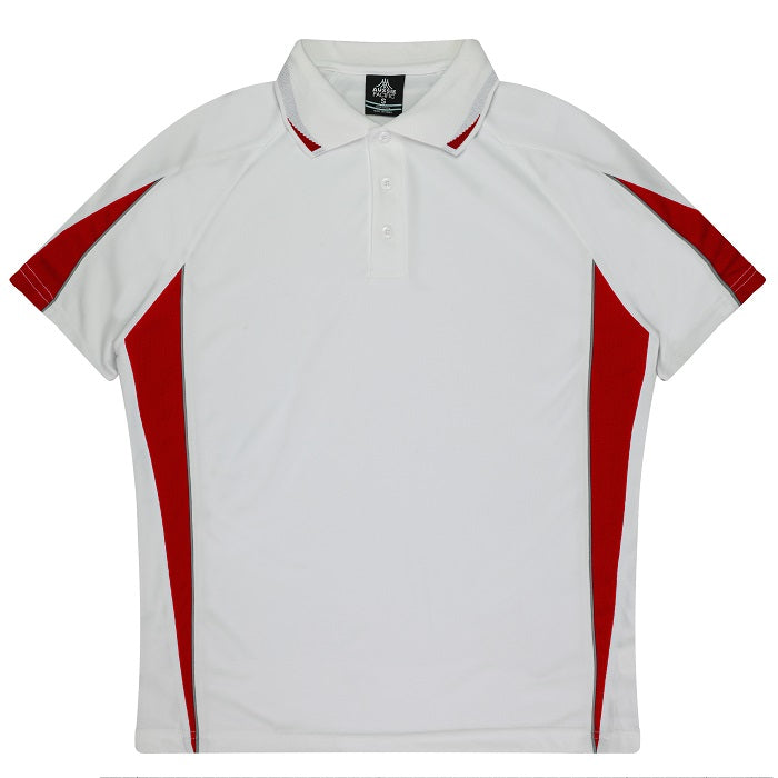 White with red, short sleeve classic, Aussie Pacific N3304 Kids Eureka Polo, front view