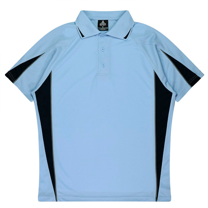 Light sky blue with navy contrasting panels, self fabric collar, Aussie Pacific N3304 Kids Eureka Polo, front view