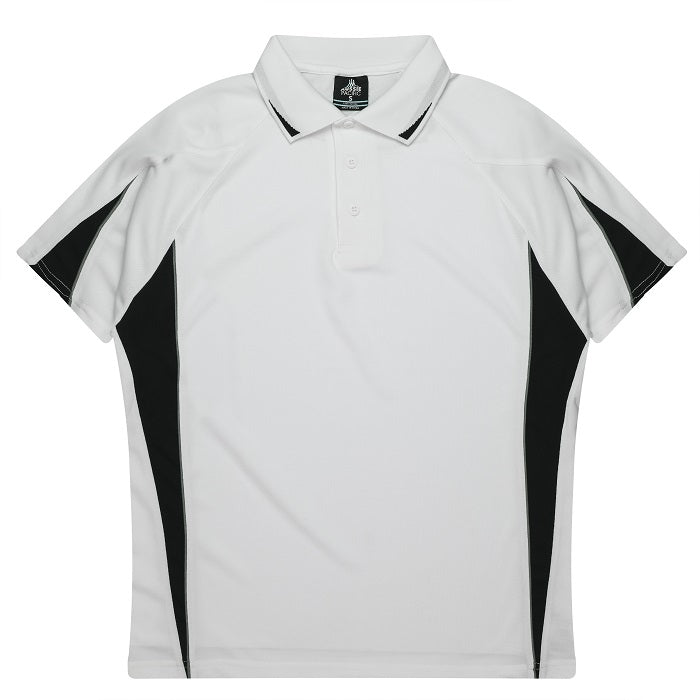 Classic white with black accents, easy care fabric, unisex, Aussie Pacific N3304 Kids Eureka Polo, front view
