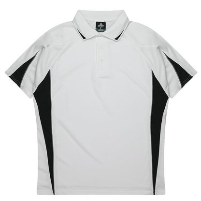 Classic white with black accents, easy care fabric, unisex, Aussie Pacific N3304 Kids Eureka Polo, front view